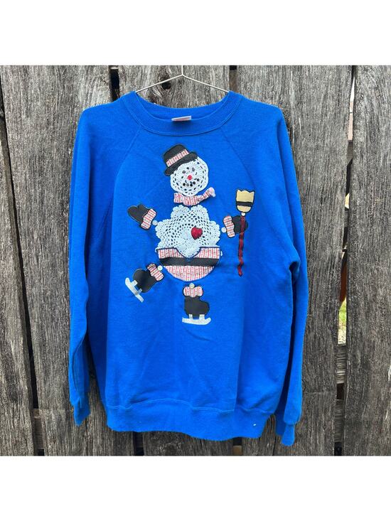 Vintage Tops - Vintage 90s Crochet Doily Snowman Decorated Winter Ugly Christmas Sweatshirt XL